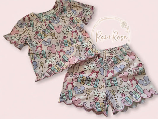 PREORDER- Girls Spring & Summer Cartoon Scallop Shorts Set