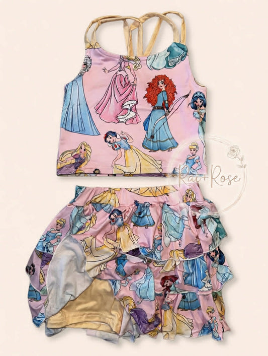 PREORDER- Girls Spring and Summer Princess＆Cartoon Print Skort Set