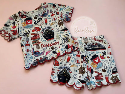 PREORDER- Girls Spring & Summer Cartoon Scallop Shorts Set