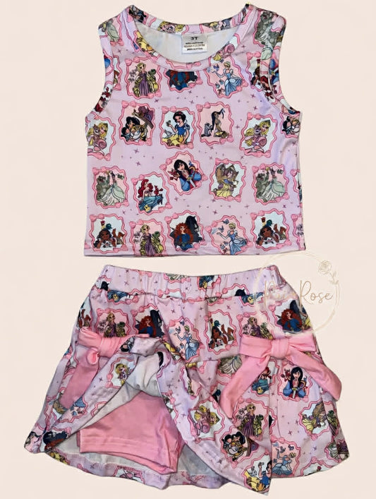 PREORDER- Girls Spring&Summer Princess Print Dress&Skort Set